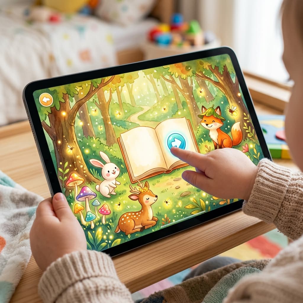 Child's hand touching colorful animated forest on tablet