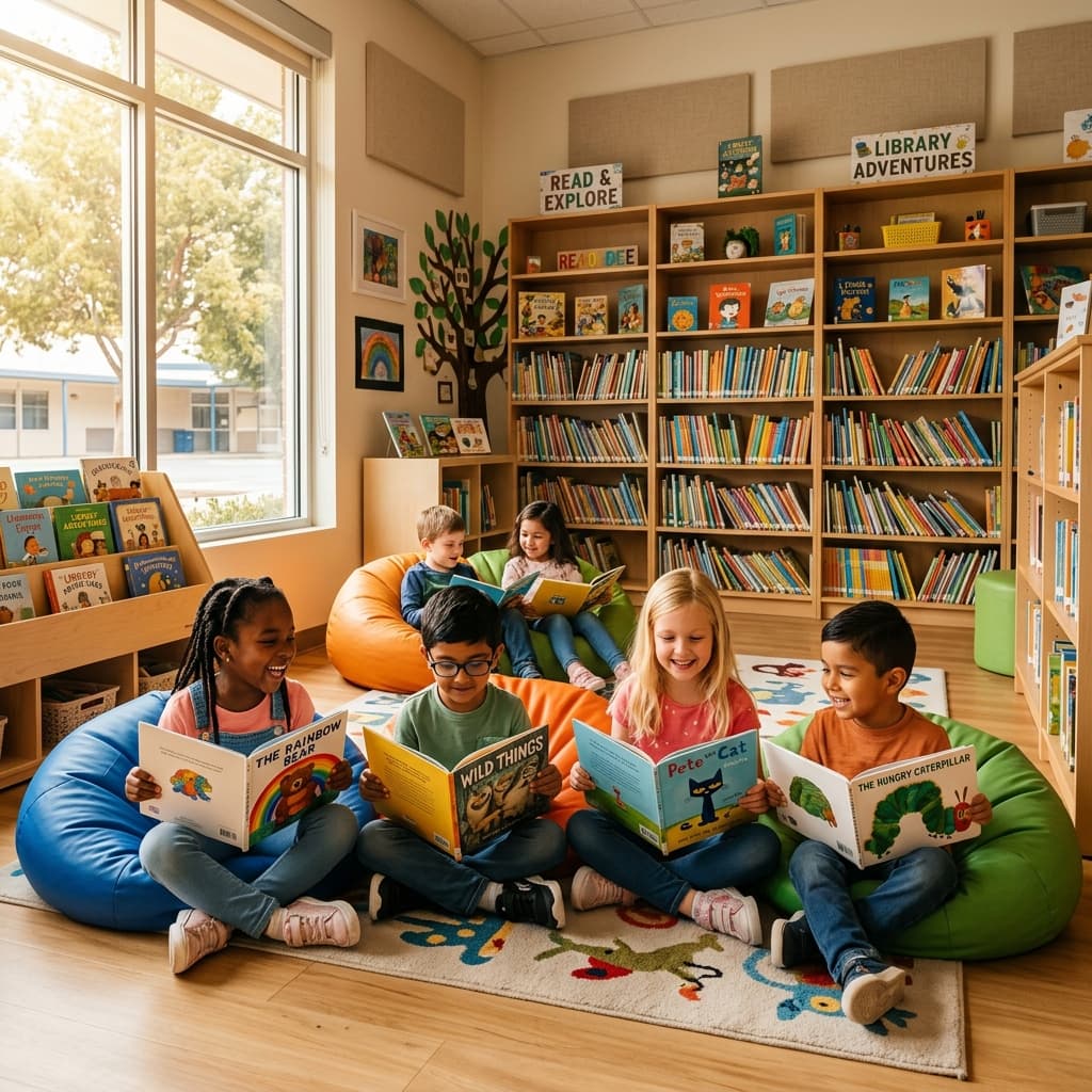 Cheerful children reading books together in a bright modern library